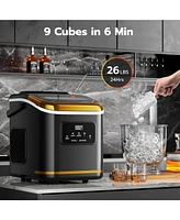 Zafro Countertop ice Maker produces lbs of daily, featuring an Led display, timer, self-cleaning function, and a portable handle. Its compact desi