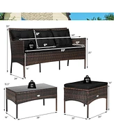 Gymax Set of 3 3-Seat Sofa Cushioned Table Rattan Furniture Garden Patio