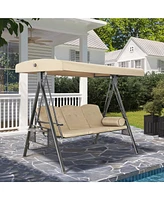 Steel 3 Person Patio Swing Chair Swinging Outdoor with Removable Mat, Cushion and Convertible Canopy, Navy Blue