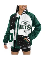 Gameday Couture Women's Green/White New York Jets Oversized Hot Shot Rhinestone Throwback Full-Snap Varsity Bomber Jacket