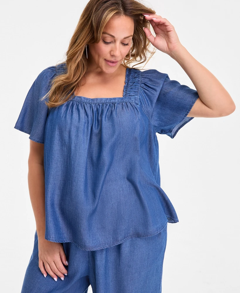 Style & Co Plus Smocked-Square-Neck Short-Sleeve Cotton Top, Exclusively at Macy's