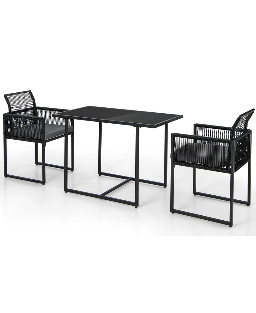 Gymax Set of 3 Pe Wicker Furniture Set Cushioned Chairs w/ Folding Backrest Patio Backyard