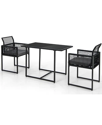 Gymax Set of 3 Pe Wicker Furniture Set Cushioned Chairs w/ Folding Backrest Patio Backyard