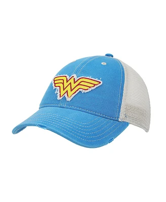 Wonder Woman Logo Women s Blue Washed Distressed Cut Fabric Unstructured Baseball Cap