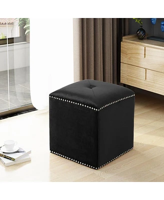 Velvet Upholstered Square Ottoman with Tufted Top and Studded Trim for Living Room or Bedroom Seating-The Pop Home