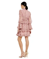 Mac Duggal Women's Long Sleeve Open Front High Neck Ruffle Mini Dress