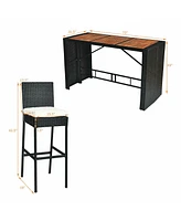 7 Pcs Patio Rattan Wicker Bar Dining Furniture Set wood Table Top 6 Stools