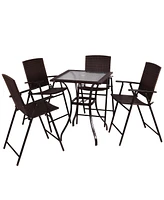 5PC Rattan Patio Furniture Set 4 Bar Stool Folding Chair and Bar Table W/Glass Top