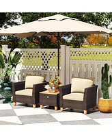 3PCS Patio Rattan Bistro Furniture Set Wood Table Top Cushion Sofa