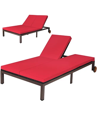 2-Person Patio Rattan Lounge Chair Chaise Recliner Adjustable Cushion
