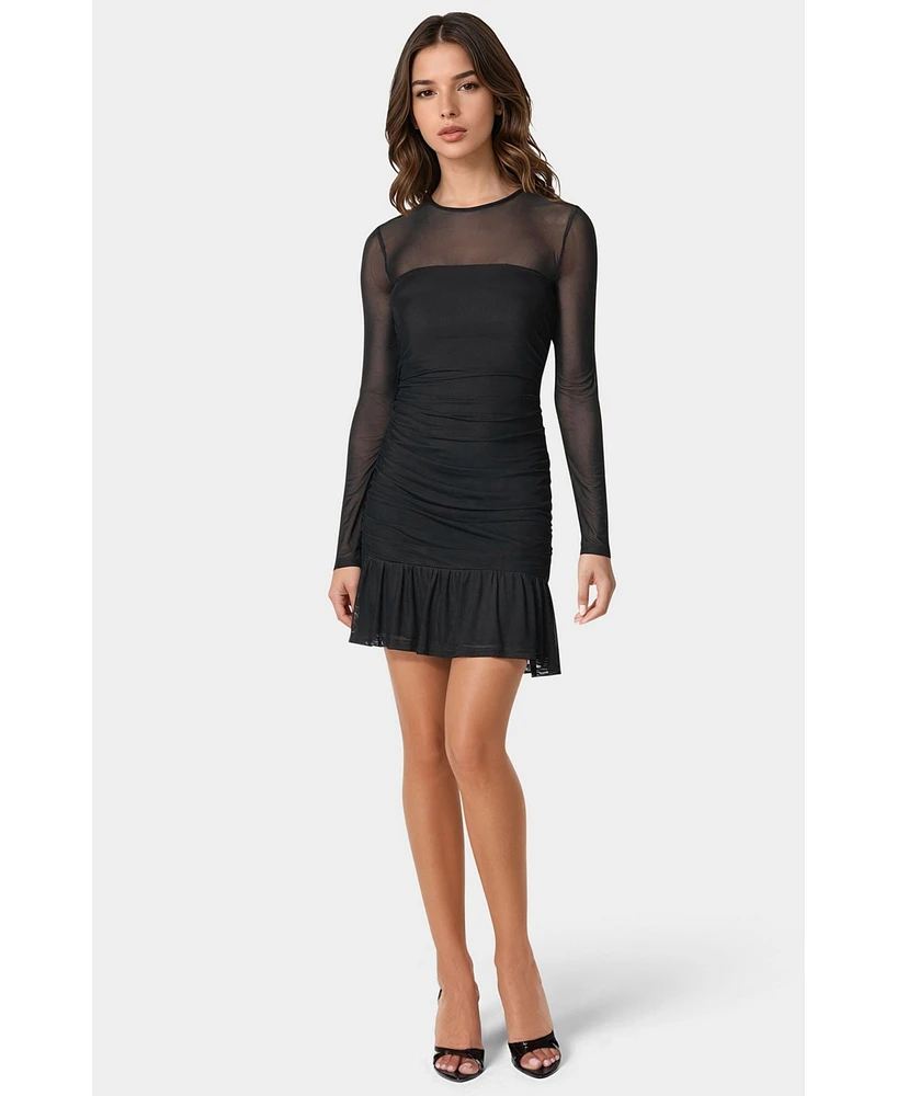 Bebe Women's Flounce Mesh Long Sleeve Mini Dress