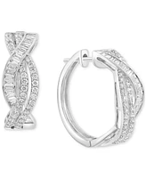 Effy Diamond Round & Baguette Twist Style Small Hoop Earrings (1-1/6 ct. t.w.) in 14k White Gold, 0.6"