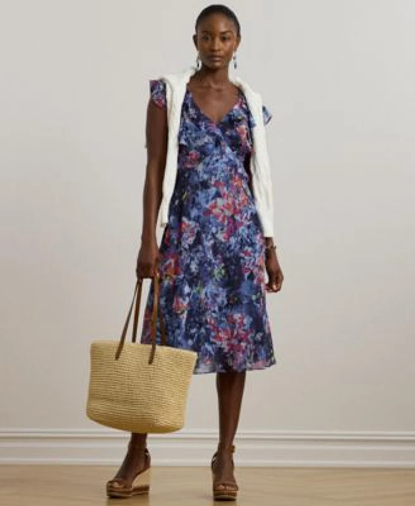Lauren Ralph Lauren Womens Print Ruffle Trim Georgette Midi Dress 0 14ps