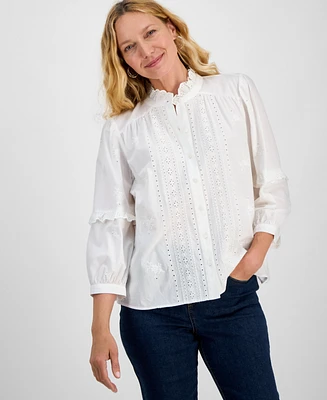 Style & Co Women's Cotton Eyelet-Front 3/4-Puff Sleeve Blouse, Exclusively at Macy's