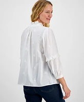 Style & Co Women's Cotton Eyelet-Front 3/4-Puff Sleeve Blouse, Exclusively at Macy's