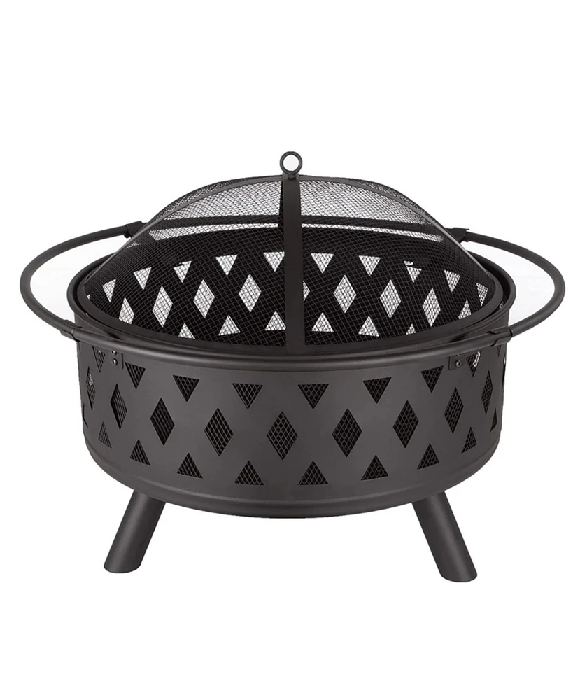 Diamond Mesh Round Fire Pit with Cover, Poker, and Accessories