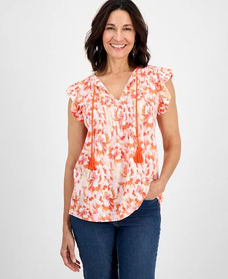 Style & Co Petite Blurred Floral Ruffled Pintucked Top, Exclusively at Macy's
