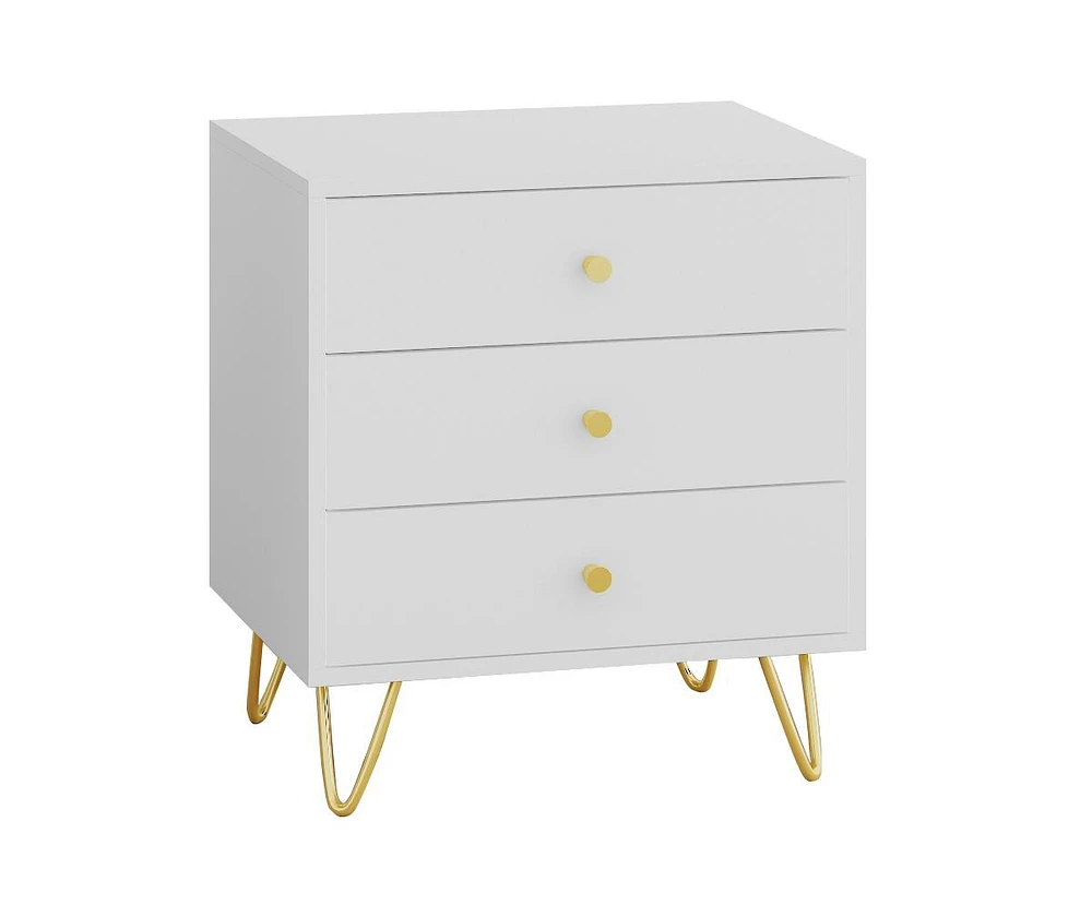 Bedside table with three drawers, side table with gold handles and feet, white wooden end table, suitable for bedrooms, living rooms, offices