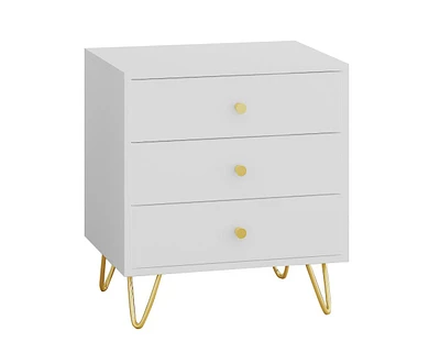 Bedside table with three drawers, side table with gold handles and feet, white wooden end table, suitable for bedrooms, living rooms, offices