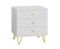 Bedside table with three drawers, side table with gold handles and feet, white wooden end table, suitable for bedrooms, living rooms, offices