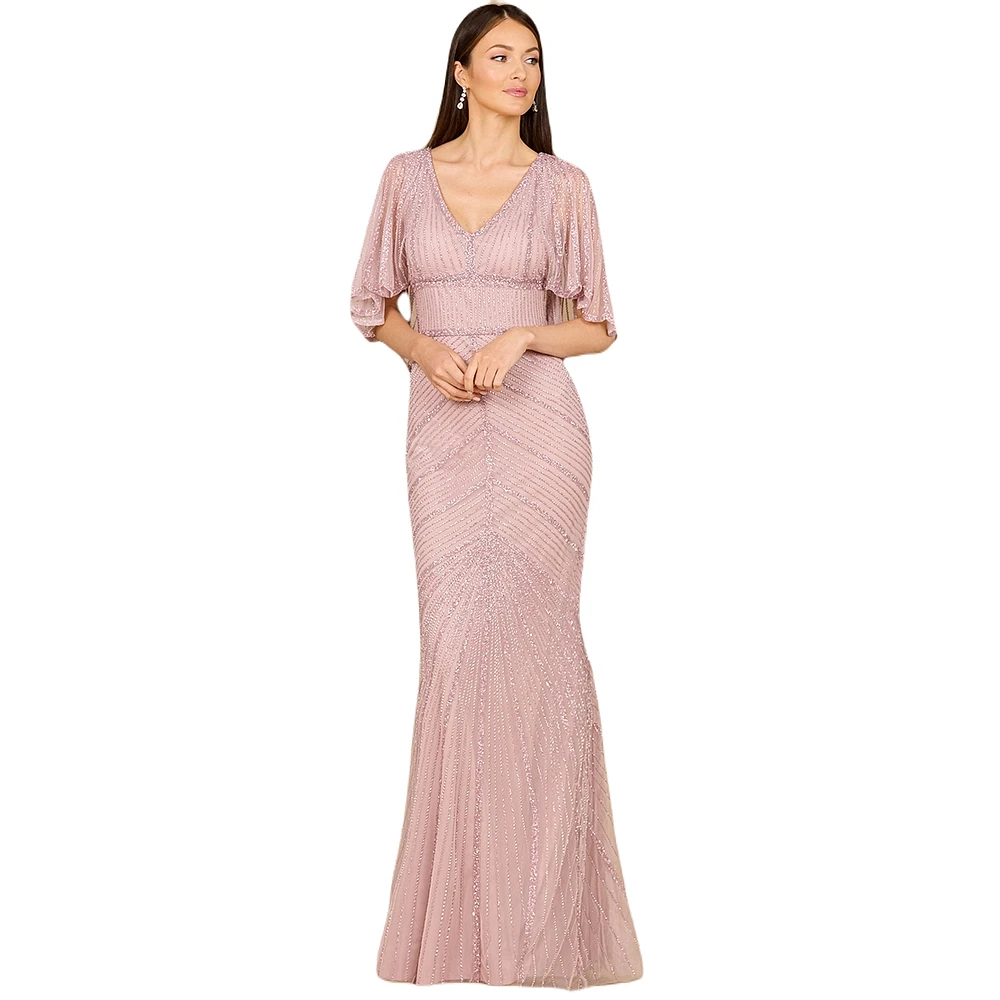 Lara Women's Cape Sleeve Beaded Gown