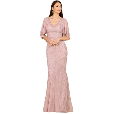 Lara Women's Cape Sleeve Beaded Gown
