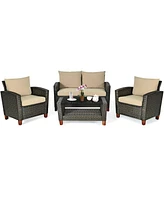 4PCS Patio Rattan Furniture Set Solid Wood Leg Cushioned Sofa Garden Lawn