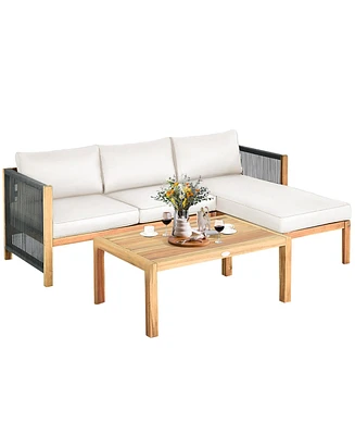 3PCS Patio Acacia Wood Sofa Furniture Set Thick Cushion W/Nylon Rope Armrest
