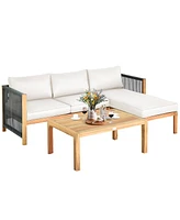 3PCS Patio Acacia Wood Sofa Furniture Set Thick Cushion W/Nylon Rope Armrest
