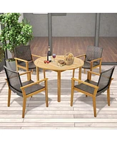 Gymax 5 Pcs Patio Dining Set Round Acacia Wood Table 4 Wicker Armchairs Outdoor Garden