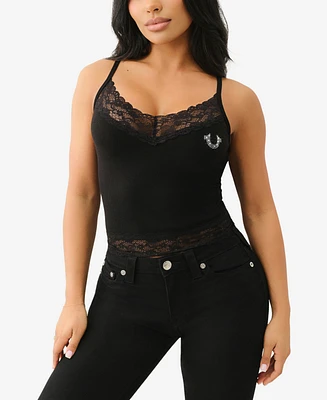 True Religion Women's Sleeveless Crystal Embroidery Lace Tank Top