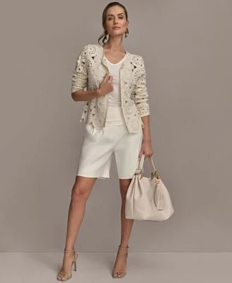 Donna Karan New York Womens Crochet Cardigan Linen Blend Shorts