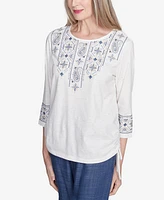 Alfred Dunner Women's Summer Solstice Linear Embroidered Tie Sleeve Top
