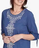 Alfred Dunner Women's Summer Solstice Embroidery Centered Tie Sleeve Top