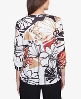 Alfred Dunner Women's Natural Instinct Bold Floral Illustrated Henley Mandarin Collar Top
