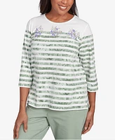 Alfred Dunner Women's Santa Fe Tie Dye Stripe Embroidered Crew Neck Top