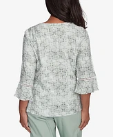 Alfred Dunner Women's Santa Fe Embroidered Geometric Flare Sleeve Top