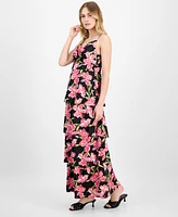 Anne Klein Women's Printed Satin Tiered Cowlneck Maxi Dress