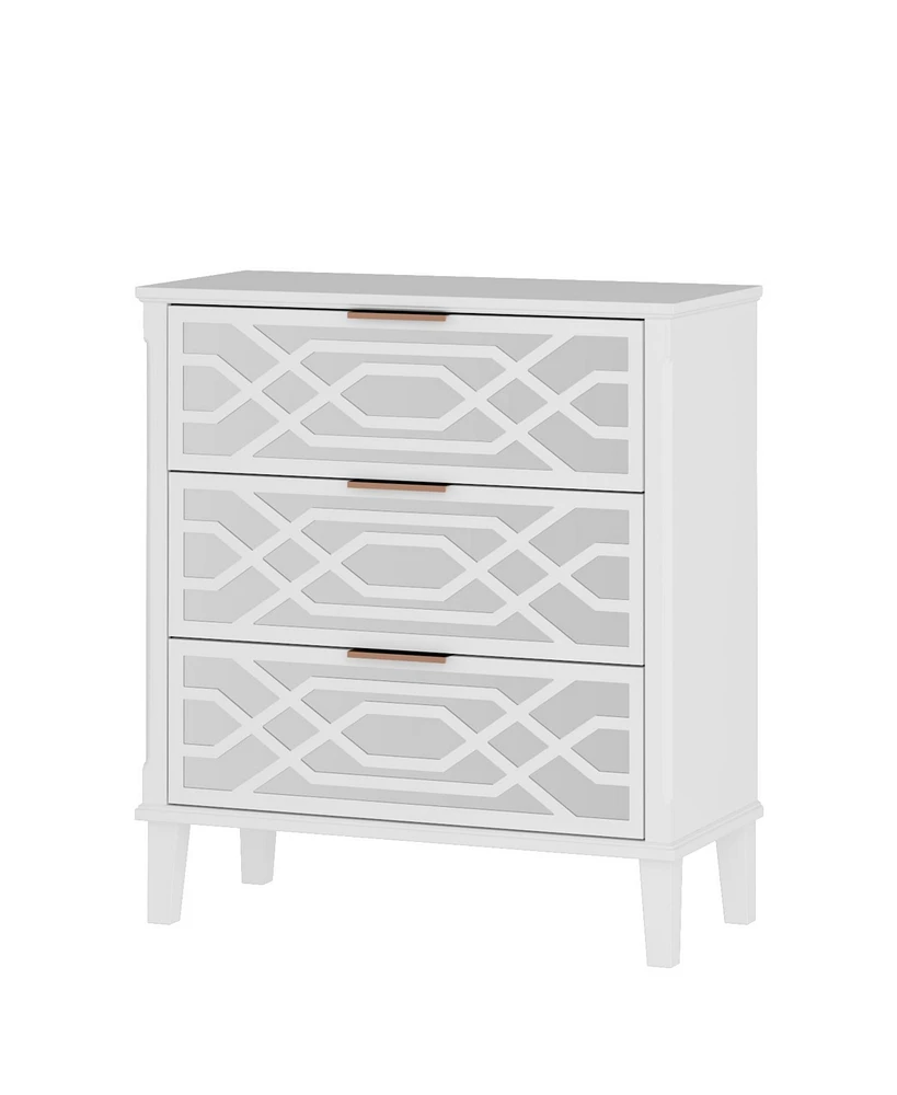 3-drawer mirrored nightstand, white wooden bedside table, end table with gold handles, suitable for bedroom, living room, and office use