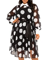 Buxom Couture Plus Contrast Collar Polka Dot Shirt Dress
