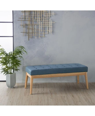 Mid Century Modern Upholstered Bench with Button Tufting and Birch Wood Legs for Dining Room, Hallway, or Office-The Pop Home