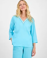 Charter Club Women's 100% Linen Embellished Top, Exclusively at Macy's