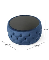 Round Velvet Tufted Ottoman with Tempered Glass Top, Modern Glam Design, Upholstered Footrest, Elegant Coffee Table Alternative for Living Room-The Po