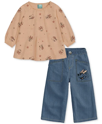 Disney Baby Girls Cotton Minnie Mouse Gauze Top & Denim Pants, 2 Piece Set