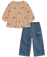Disney Baby Girls Cotton Minnie Mouse Gauze Top & Denim Pants, 2 Piece Set