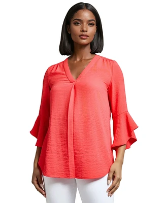 Jones New York Petite Pleated-Shoulder Ruffle-Cuff 3/4-Sleeve Top