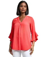 Jones New York Petite Pleated-Shoulder Ruffle-Cuff 3/4-Sleeve Top