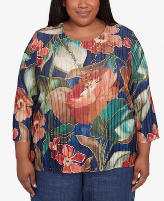 Alfred Dunner Plus Summer Solstice Dramatic Floral Top with Necklace