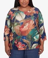 Alfred Dunner Plus Summer Solstice Dramatic Floral Top with Necklace