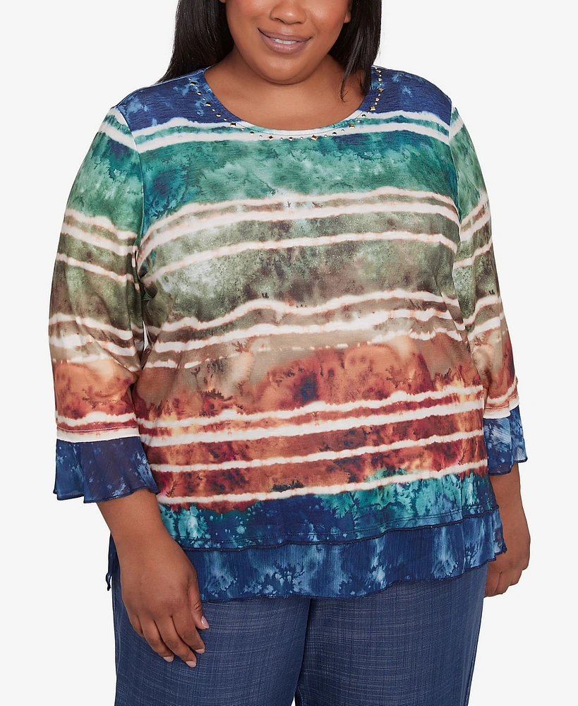Alfred Dunner Plus Summer Solstice Tie Dye Striped Biadere Crew Neck Top